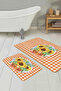 Sunflower Themed Orange-Cream Checkered 2-Piece Non-Slip Base Washable Bath Mat Set - 2