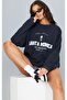Santa Monica Los Angeles Sweatshirt - Navy Blue Printed Oversize Crew Neck