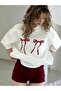 Red Ribbon Printed Single Jersey White T-shirt - Oversized Crew Neck Short Sleeve T-shirt -