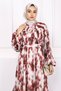 Burgundy Belted Patterned Shirred Chiffon Dress - 3