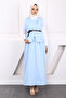 Baby Blue Belted Crepe Vest Skirt Suit - 2