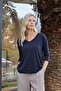 Women's Quality Modal Stretchy Fabric V-Neck Off-Shoulder Capri Three-Quarter Sleeve Lightweight Loose Blouse-Navy Blue - 4