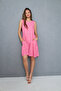 Women's Pink Flower Patterned Cycling Collar Skirt Ruffle Wrap Dress - 5
