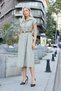 Women's Twill Modal Collar Off-Shoulder Double Sleeve Midi Length Knee-Length Dress (Leather Belt Included)-Light Hak - 6