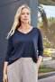 Women's Quality Modal Stretchy Fabric V-Neck Off-Shoulder Capri Three-Quarter Sleeve Lightweight Loose Blouse-Navy Blue - 5