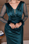 Satin Sleeves, Feathered Beaded Mermaid Dress - EMERALD GREEN - 2