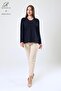 Women's Navy Blue Leaf Patterned Skirt and Stone Embellished Collar Lycra Viscose Mother Combed Cotton Blouse - 2