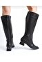 Women's Below Knee Black Heel Shiny Detailed Zippered Leather Look Long Boots - 5