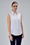 White Cotton Satin Lycra Zero Sleeve Stripe and Button Detail Slim Fit Women's Shirt - 5