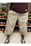 Unisex Beige Gabardine Fabric Cargo Pocket Waist Capri Below Knee with Elastic Legs - 4