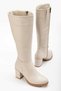 Oval Toe Side Zipper Leather Look Heeled Women's Beige Boots 7cm Heel Zy-08