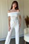 White Off-The-Shoulder Seersucker Suit - 7