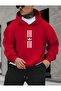 Vertical Three Line Printed Hooded Pocket Cotton Red Sweatshirt