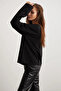 Basic Women's 100% Cotton Crew Neck Oversize Fit Long Sleeve Black T-Shirt - 3