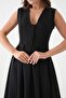 Women's V Neck Button Design Sleeveless Black Midi Evening Dress 2182 - 7