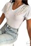 Women's White V-Neck Shoulder Angel Wing Feather Sequin Sequin Embroidered 100% Cotton T-Shirt - 3