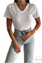 Women's White V-Neck Shoulder Angel Wing Feather Sequin Sequin Embroidered 100% Cotton T-Shirt - 4