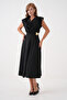 Black Stretchy Crepe Fabric Degaje Collar Shoulder Padding Detailed Flared Midi Evening Dress 77129 - 4