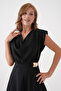 Stretchy Crepe Fabric Degaje Collar Accessory Detailed Midi Black Flared Evening Dress 77129 - 6