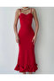 Red Midi Length Dress with Asymmetrical Curved Hem 583248