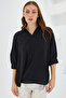 Women's Shirt Collar Satin Blouse Black 1046 - 4