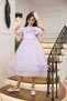 Long girl's evening dress with layered sleeves, floral print, off-the-shoulder, stone details, and ruffled skirt - 2
