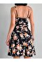 Black Orange Floral Print Square Neck Above Knee Strap Dress - 6