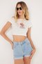 Women's Slim Fit 100% Cotton Crew Neck Printed White Crop T-Shirt Blouse - 2