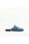 Denim Blue Genuine Leather Slippers – 15mm Heels with Gold Accessories