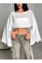 Women's Bat Sleeve Wide Cut Oversize Stylish White Tulle Bluz - 4