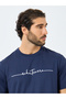 Navy Blue Slogan Print Round Neck Short Sleeve T-Shirt - 3