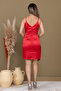 Satin Fabric Bead Detailed Dress - Red - 6