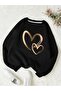 Women's Design Heart Printed Crew Neck Black Sweatshirt Oversize Casual - 6