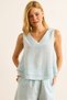 Women's Baby Blue V-Neck Linen Look Flam Bell Blouse Blz-19003060