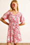 Women's Ecru Pink Shoulder Decollete Elastic Waist Belted Mini Dress Elb-19002177 - 5