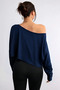 Navy Blue Women's Off Shoulder Boat Neck Oversize Long Sleeve Crop T-Shirt - 5