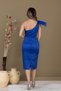 Saten Strapless Tulle Detail Pencil Long Dress - Cobalt Blue - 5