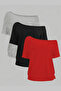 Black Gray Red 3 Pack Women's Off Shoulder Boat Neck Oversize T-Shirt
