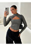 Women's Long Sleeve Cut Out Blouse – Cross Neckline, Crop Fit, Stretch Fabric - 6