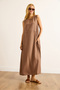 Women's Camel Pocket Stitching Detailed Maxi Crinkle Dress Elb-19002525 - 6
