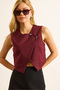 Women's Burgundy Lined Button Detailed Double Breasted Crop Vest Ylk-19000083 - 4