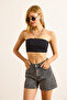 Women's Black Laser Tumbled Detailed Denim Shorts Shrt-19000076 - 3