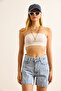Women's Square Blue Laser Tumbled Detailed Denim Shorts Shrt-19000076 - 5