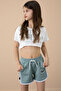 Green Side Slit Flower Printed Girl's Shorts with Elastic Waist 20741 - 2
