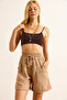 Women's Camel Elastic Waist Pocket Linen Shorts Shrt-19000078 - 4