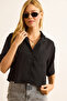 Women's Black Single Pocket Transparent Stripe Crop Shirt Gml-19001384 - 4