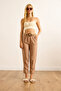 Women's Camel Double Leg Belted Linen Carrot Trousers Pnt-19000359 - 2