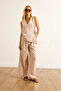 Women's Beige Wrap Blouse Pleated Trousers Suit Tkm-19000423 - 2