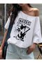White Women's Off Shoulder Boat Neck Feel Fun Printed