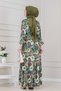 Floral Viscon Dress with Tunnel at the Waist-Green - 6